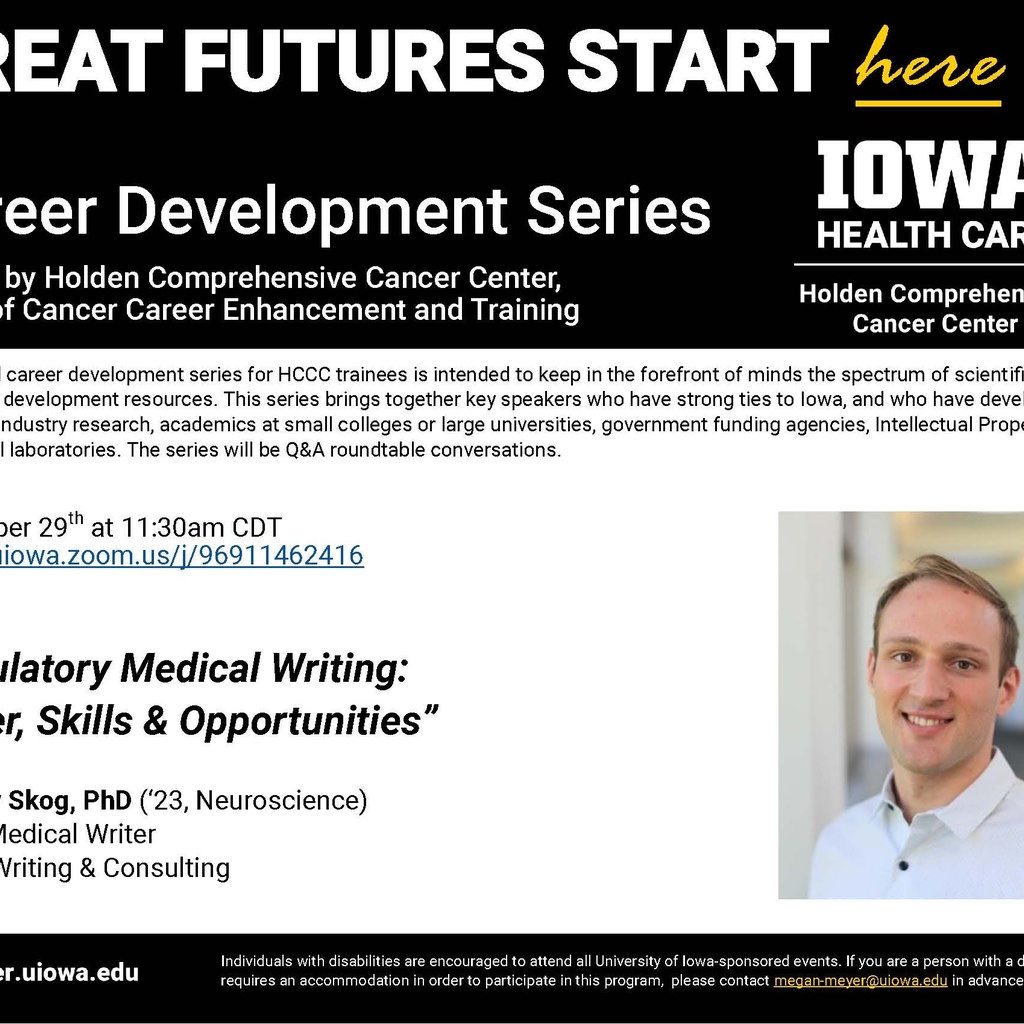 Holden Comprehensive Cancer Center Virtual Career Development Series - Neuroscience alumnus, Timothy Skog, PhD promotional image